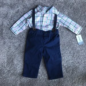 Carters Boys plaid top &navy pant suspender set 6M